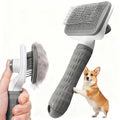 Pet grooming brush with a hand holding it, showing collected fur, and a corgi dog on a white background.