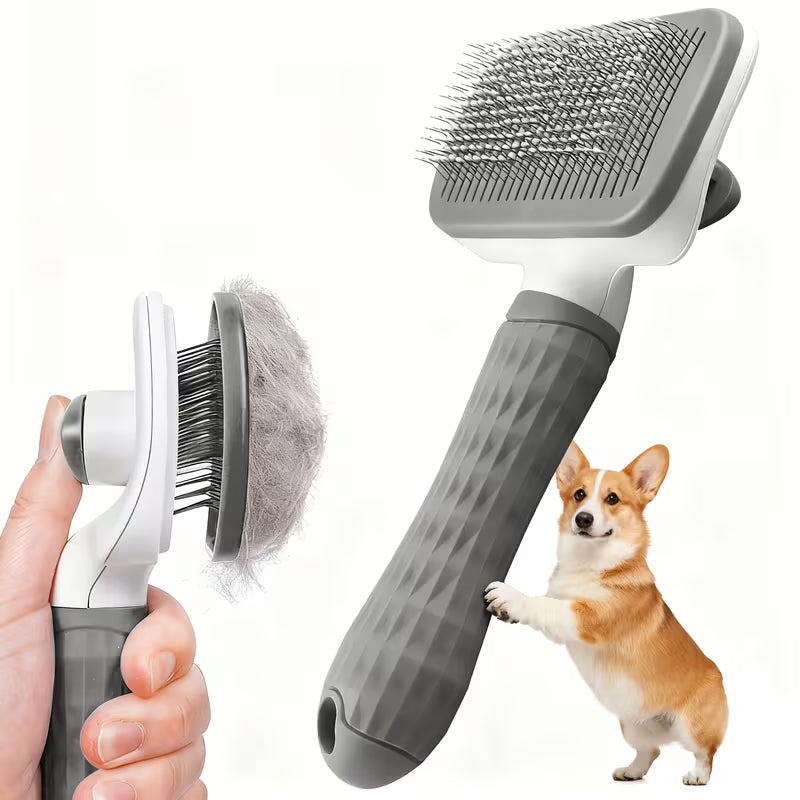 Pet grooming brush with a hand holding it, showing collected fur, and a corgi dog on a white background.